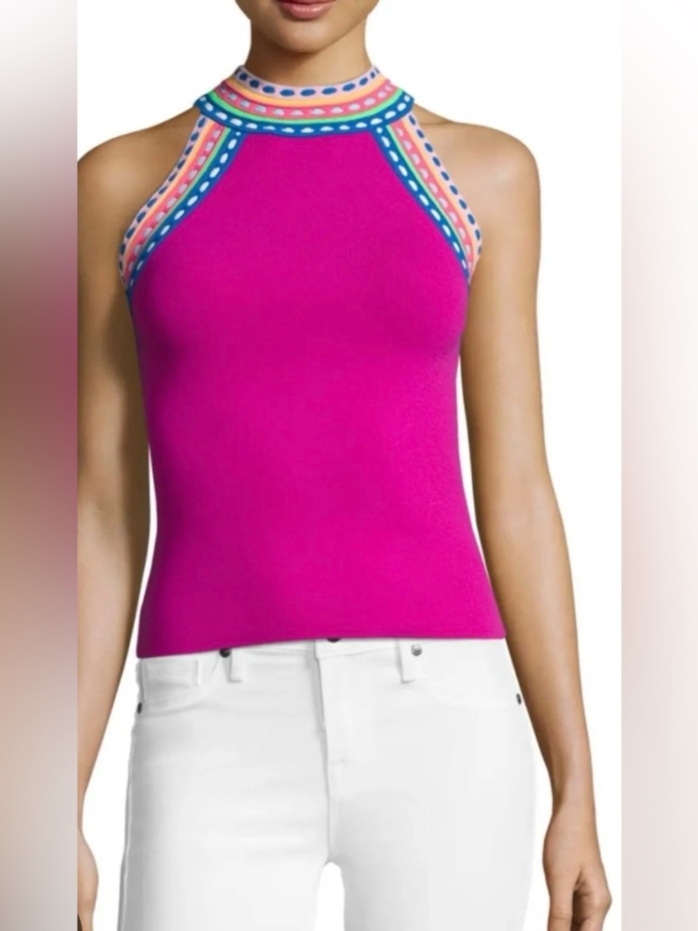 Milly sleeveless Halter Tank Top in white with colorful neckline